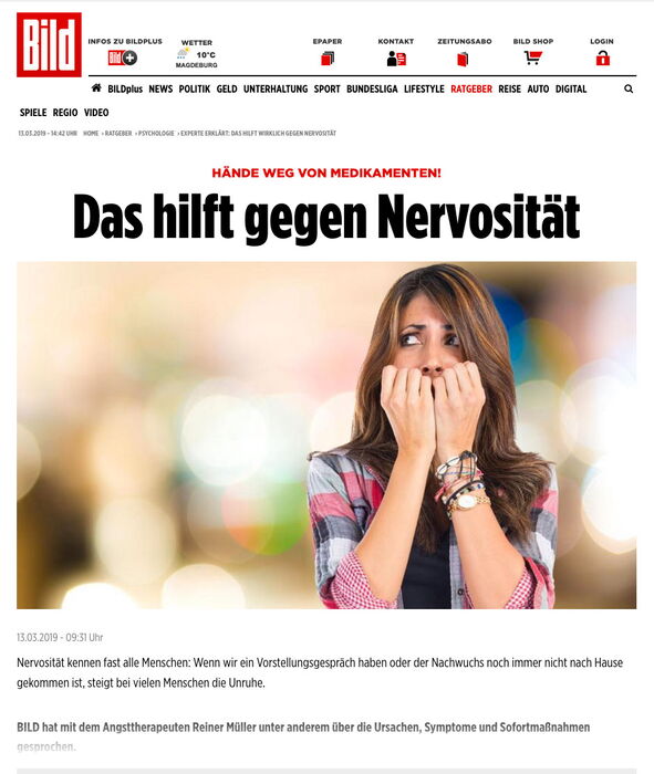 Titelbild der Bild-Zeitung-Online. Eine Frau fasst sich ängstlich ins Gesicht. Überschrift: "Finger weg von Medikamenten. Das hilft gegen Nervosität."