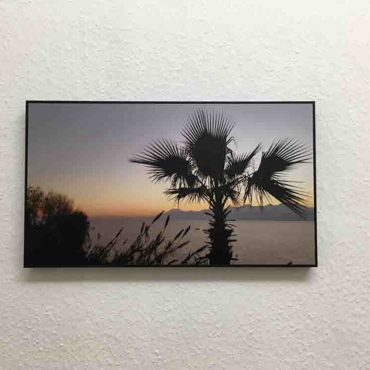 An der Wand hängt ein Foto von Reiner Müller. Es zeigt die Silhouette einer Palme und ein paar Gräser vor einem Sonnenuntergang am Meer. Im Hintergrund sind Berge zu sehen.